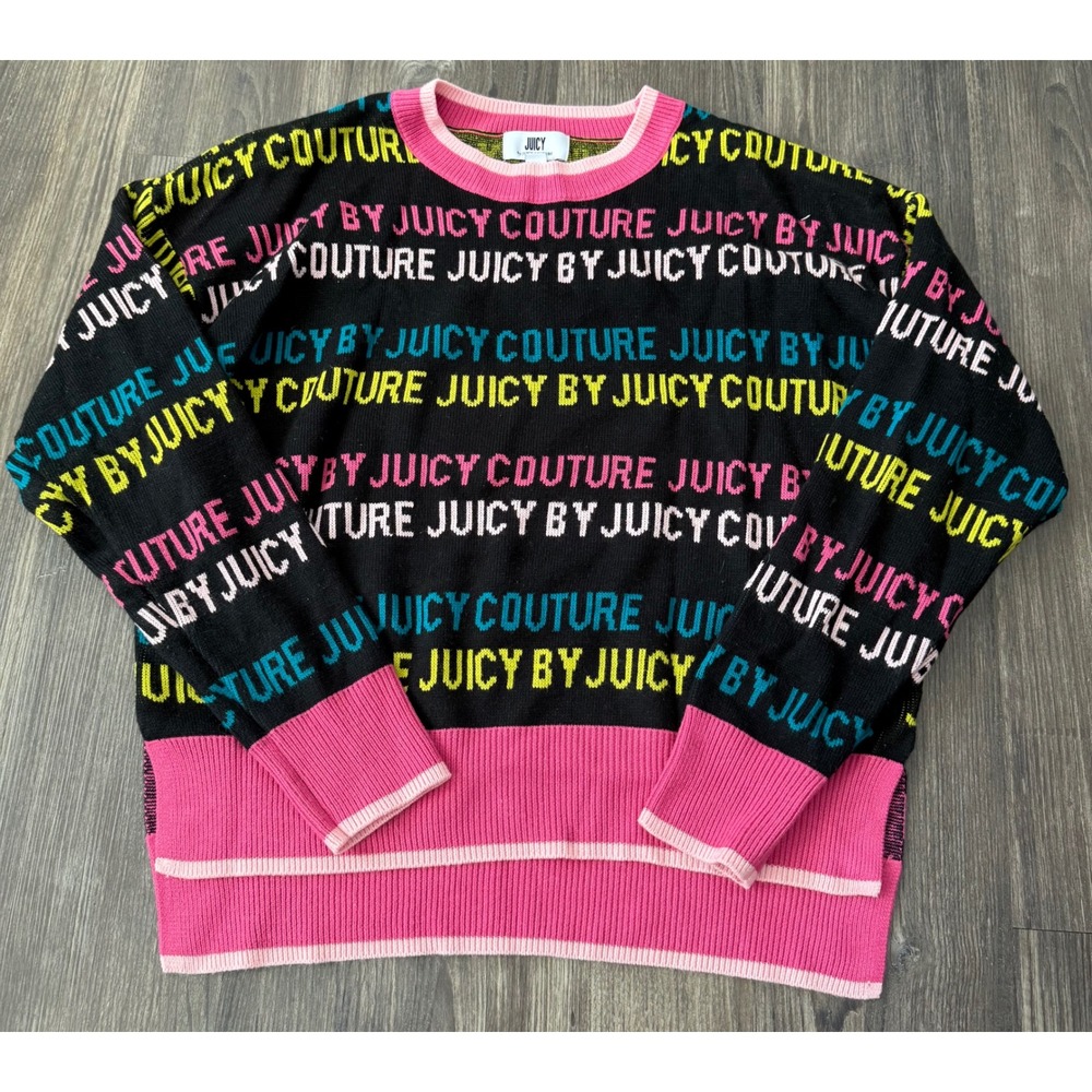 Juicy by Juicy Couture Womens Logo Print Knit Sweater Black Pink Small